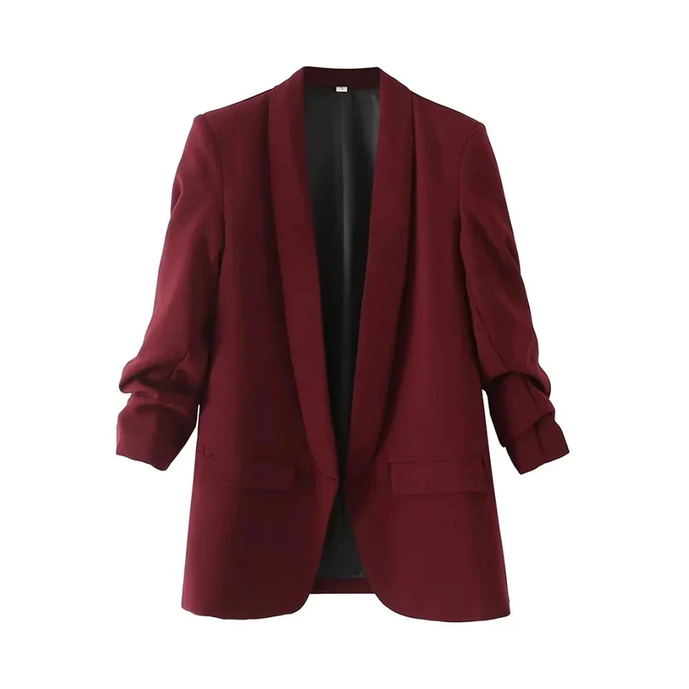 TRZA Women Fashion Office Wear Open Blazer Coat Vintage Long Pleated Sleeves Flap Pockets Female Outerwear Chic Tops - Tasawoq