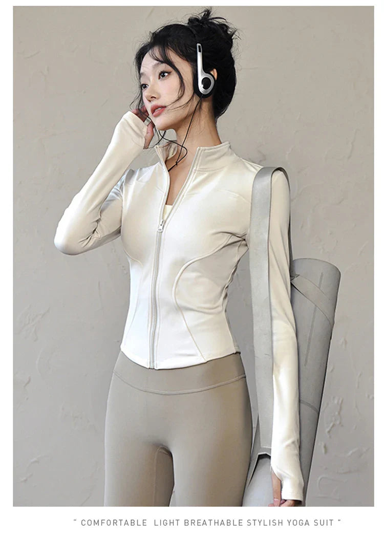 Long Sleeve Sports Jacket Women Zip Fitness Yoga Shirt Winter Warm Gym Top Activewear Running Coats Workout Clothes For Cycling - Tasawoq