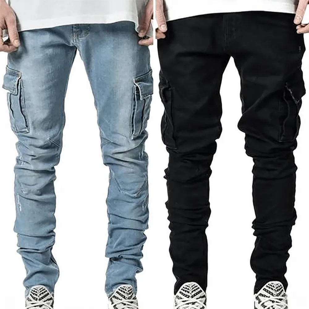 Street Elastic Jeans Men Denim Cargo Pants Wash Solid Color Multi Pockets Casual Mid Waist Trousers Slim Fit Daily Wear Joggers - Tasawoq
