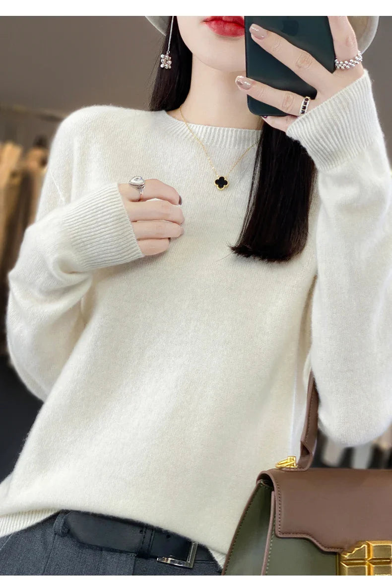 Women's 100% Beautiful Wool Round Neck Top Fashion Versatile Knitted Loose Long Sleeve Pullover Thin Sweater Yuan Ling - Tasawoq