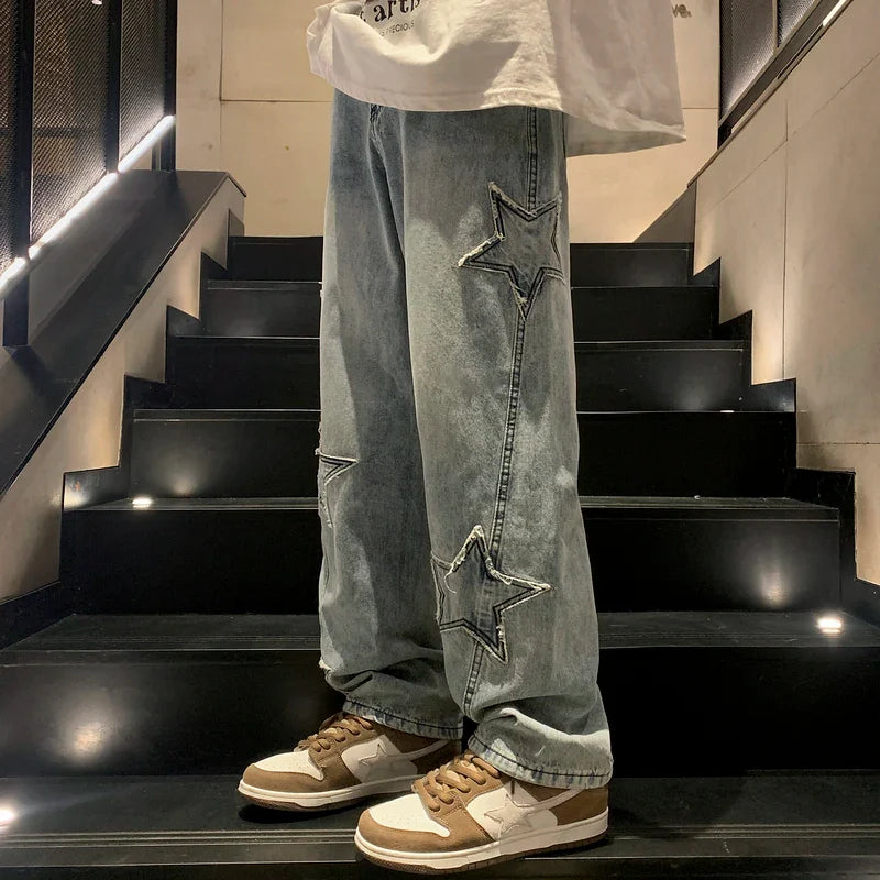 Star Embroidery Straight Casual Men Jeans Gothic Neutral New Wide Leg Loose Hip-hop Fashion Youth Streetwear Denim Trousers Y2K - Tasawoq