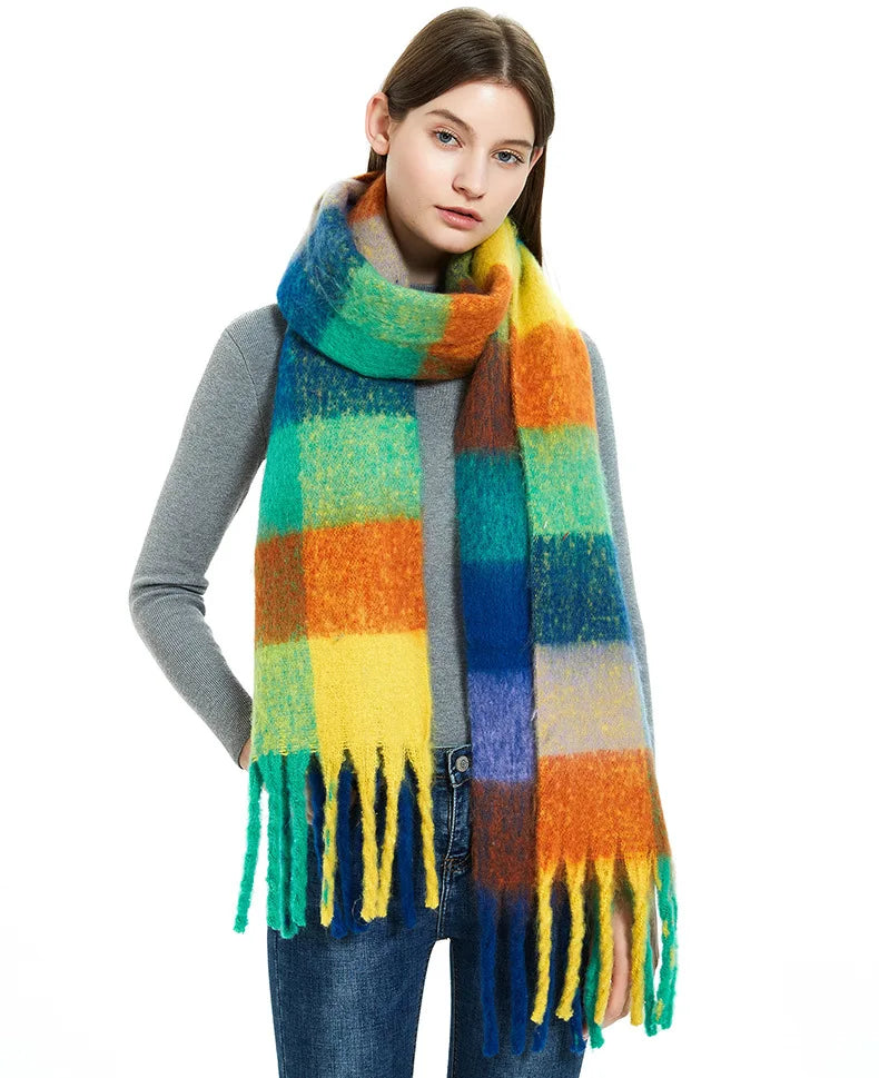 2025 Winter Thick Warm Scarf Women Cashmere Shawl and Wraps Pashmina Neckerchief Bufanda Female Rainbow Hairy Tessel Echarpe New - Tasawoq