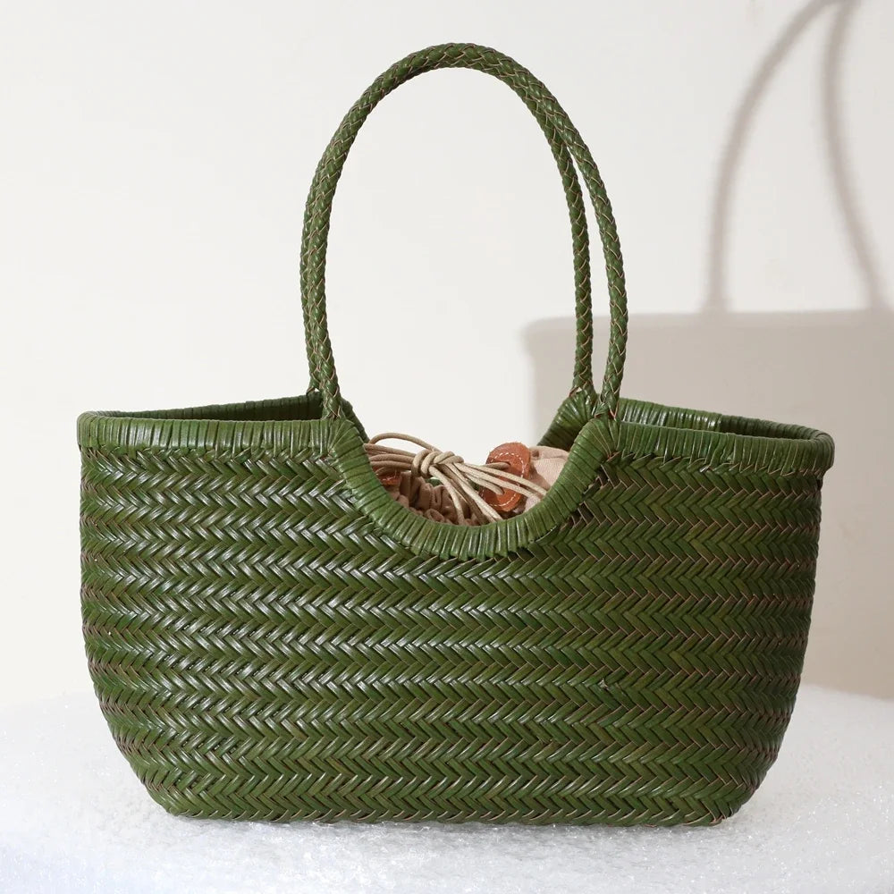 Handbags Women's Genuine Leather Shoulder Bag Weaving Casual Shopping Bag Vintage Big Tote Purse Cowhide Cross Hand Bags Lady - Tasawoq
