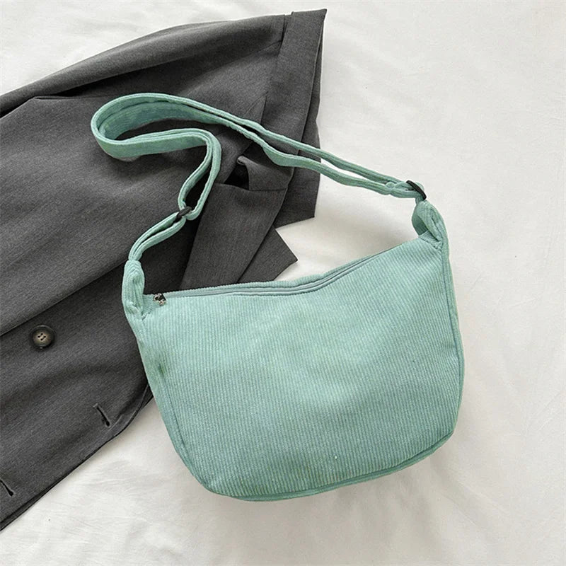 Corduroy Shoulder Bag Minimalist Crossbody Bag Women's Handbags Fashion Fabric Underarm Bag Solid Color Zipper Female Handbag - Tasawoq