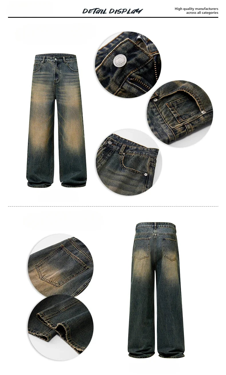 4 Colors Autumn Vintage Distressed Men's Baggy Straight Jeans Fashion Korean High Street Denim Pants Streetwear Male Trousers - Tasawoq