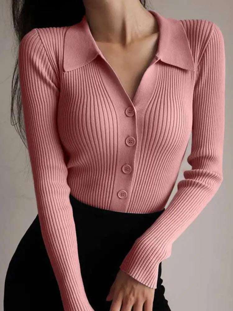 AOSSVIAO 2025 Ladies Buttons Sexy V Neck Long Sleeve POLO Neck Knit Cardigan Sweater Women Lapel Slim Tops - Tasawoq