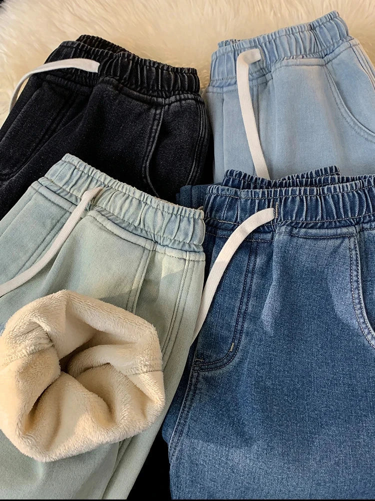 Winter Men's Jeans Korean Fashion Fleece Liner Thick Warm Straight Denim Pants Washed Cotton Retro Blue Wide Leg Jean Trousers - Tasawoq