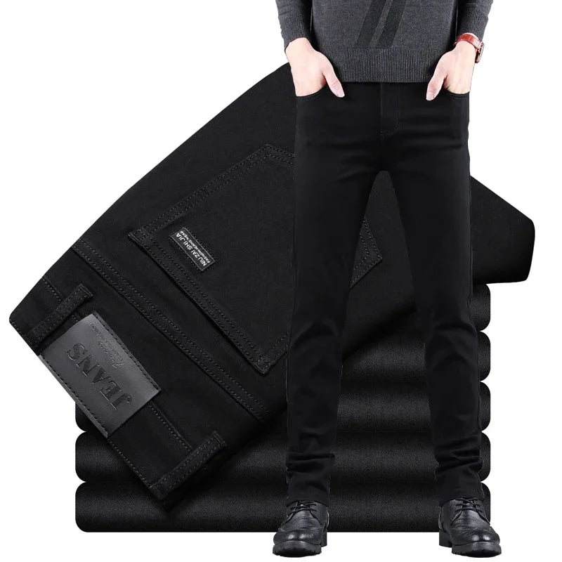 Spring Autumn New Men's Pure Black Slim Jeans Elastic Straight Pants Business Fashion Leisure Korean Vintage Denim Pants Male - Tasawoq