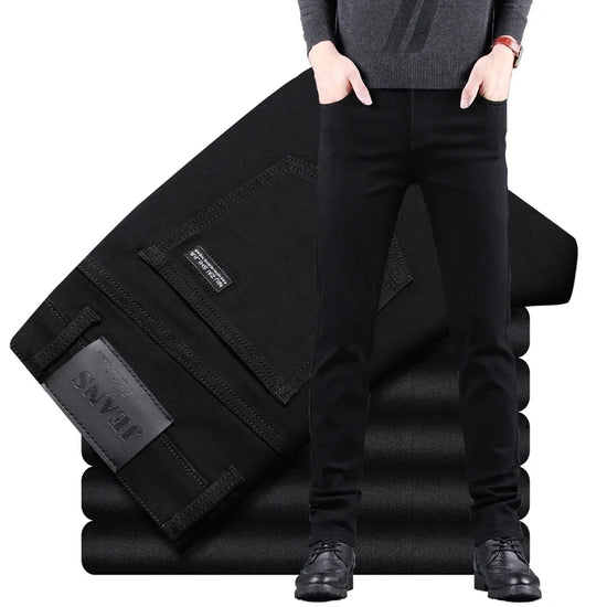 Spring Autumn New Men's Pure Black Slim Jeans Elastic Straight Pants Business Fashion Leisure Korean Vintage Denim Pants Male - Tasawoq