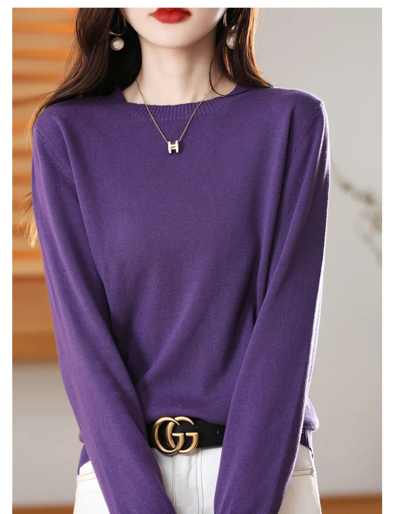 Women's 100% High-quality Cotton Knitted Sweater, Temperament Round Neck Top, Breathable And Versatile Pullover, Long Sleeved - Tasawoq