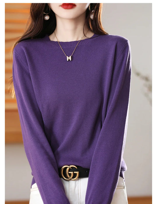 Women's 100% High-quality Cotton Knitted Sweater, Temperament Round Neck Top, Breathable And Versatile Pullover, Long Sleeved - Tasawoq