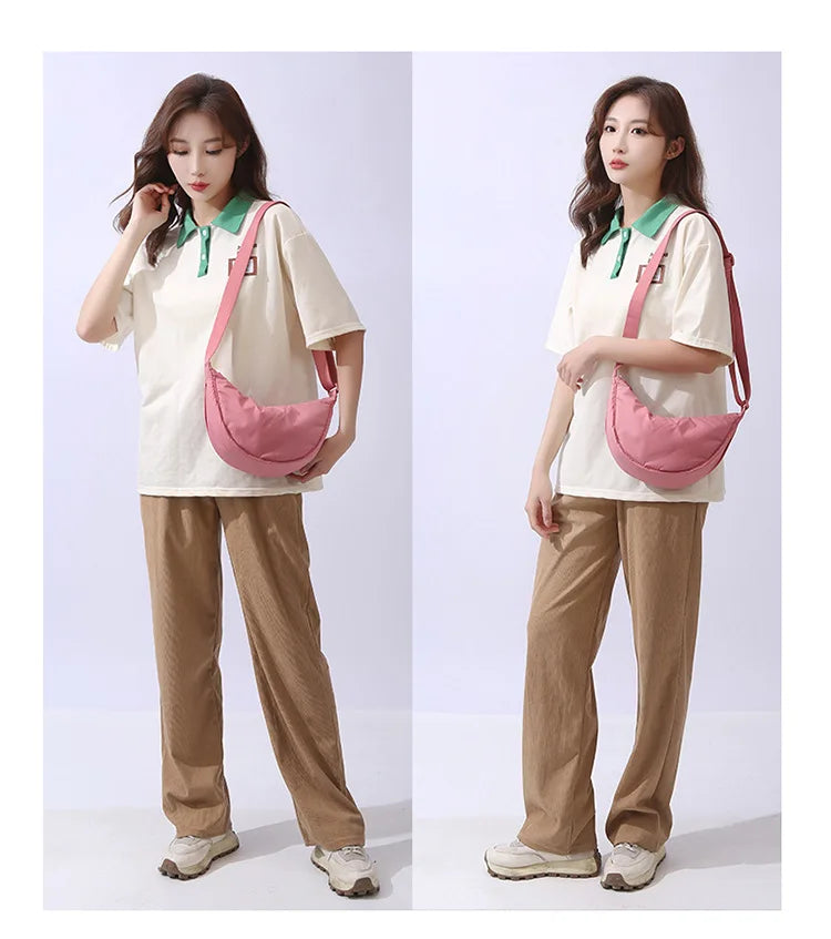 Solid Color Women's Portable Shoulder Bag Simple Female Nylon Cloth Padded Crossbody Bags Travel Purse Handbags Messenger Bag - Tasawoq