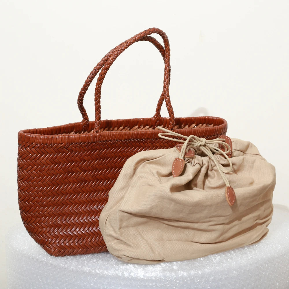 Handbags Women's Genuine Leather Shoulder Bag Weaving Casual Shopping Bag Vintage Big Tote Purse Cowhide Cross Hand Bags Lady - Tasawoq