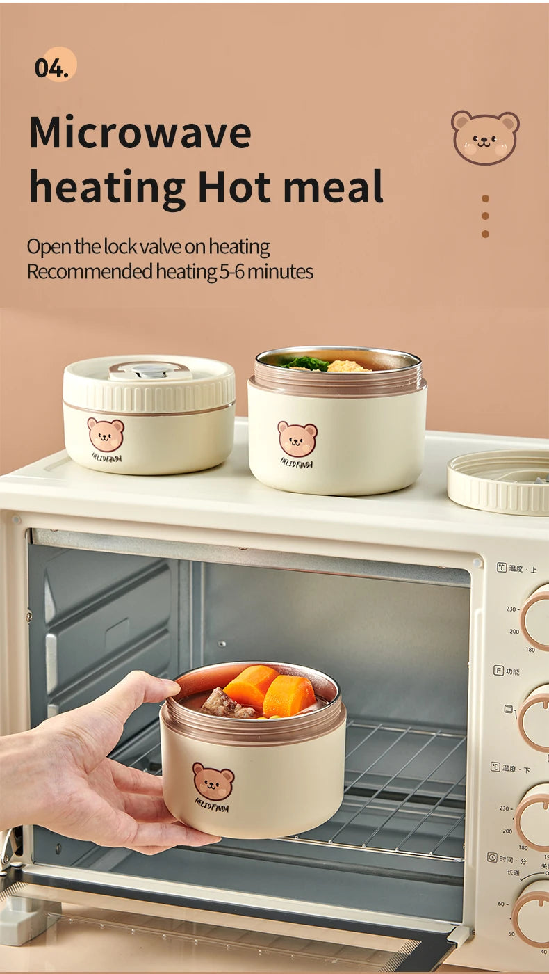 WORTHBUY Cute Bear 304 Stainless Steel Thermal Lunch Box For Kids Adults Portable Microwave Bento Box Leak Proof Food Container