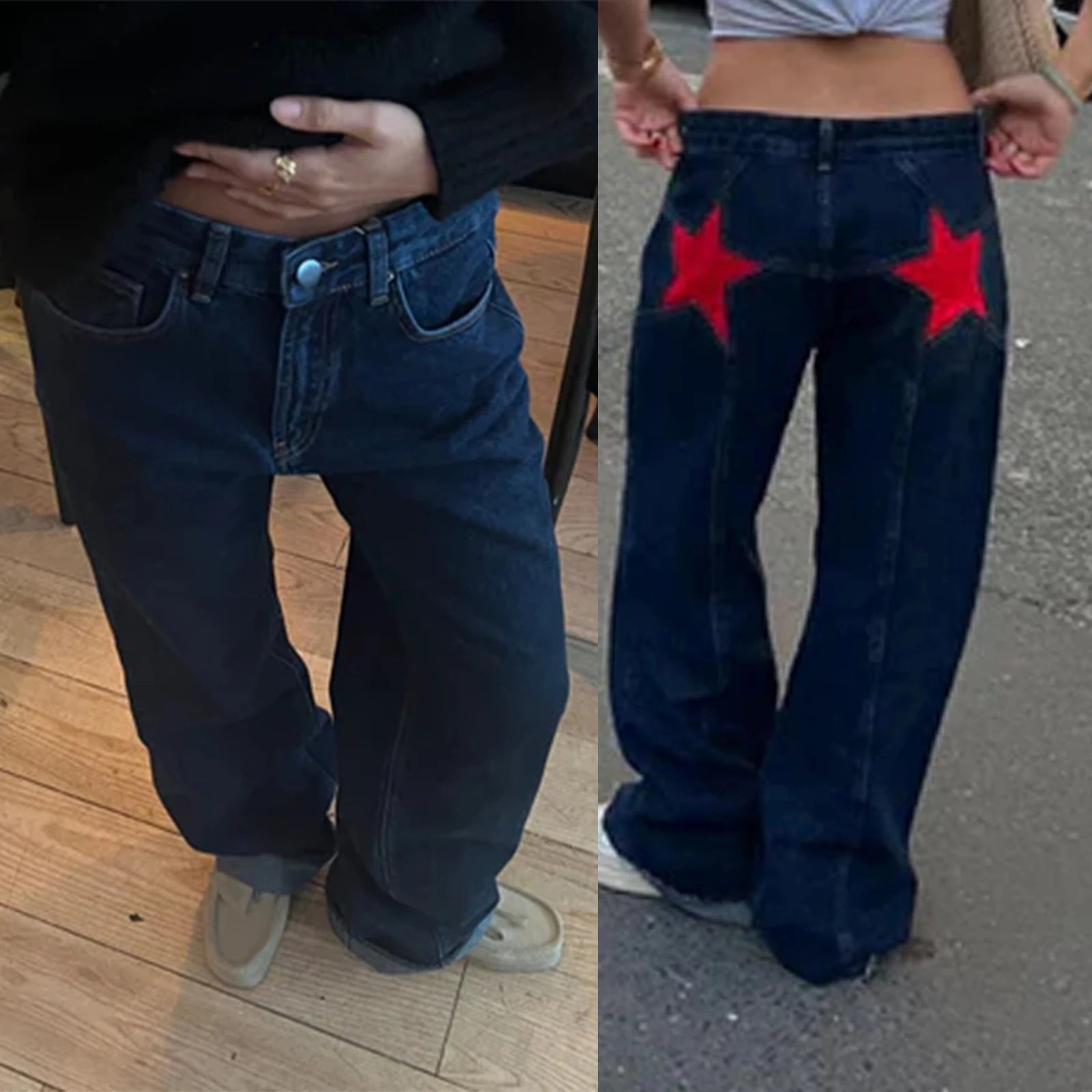 Combhasaki Women's Y2K Vintage Jeans Aesthetic Star Pattern Print Loose Straight Leg Denim Long Pants Casual Low Waist Trousers - Tasawoq