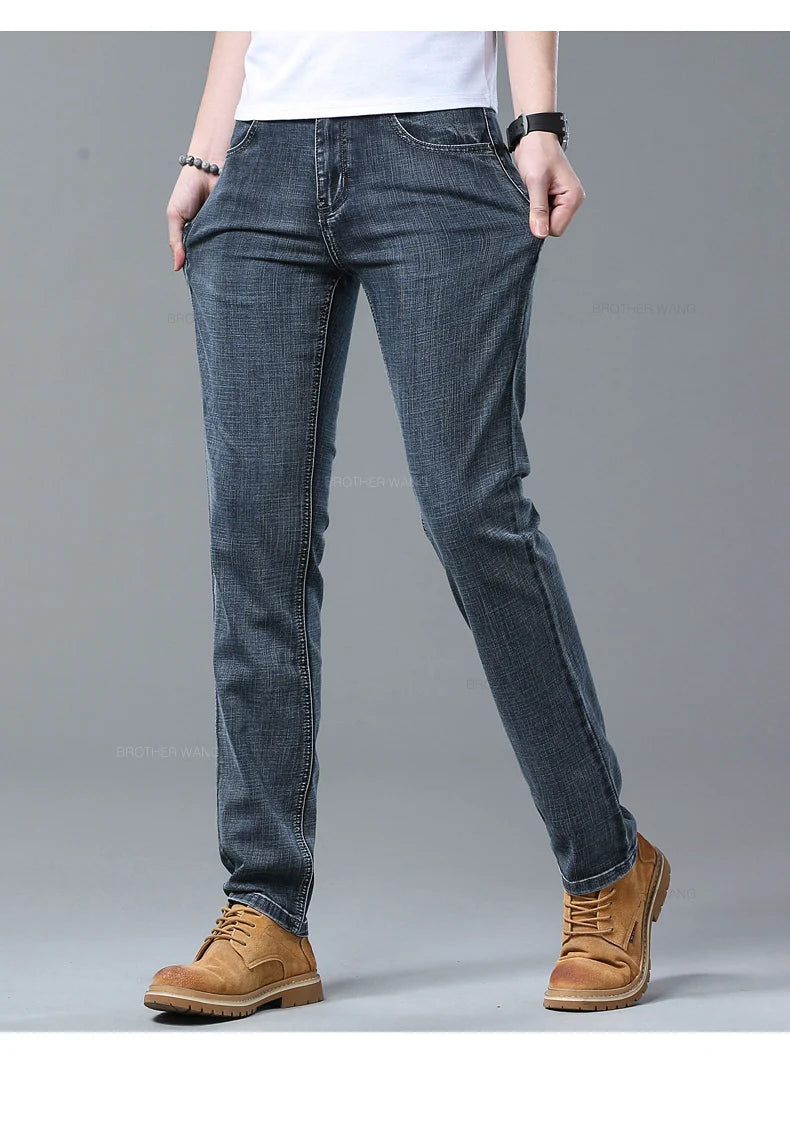 Spring Men's Light Blue Slim Jeans Stylish Casual Stretch Fabric Denim Pants Classic Trousers Smoke Gray - Tasawoq