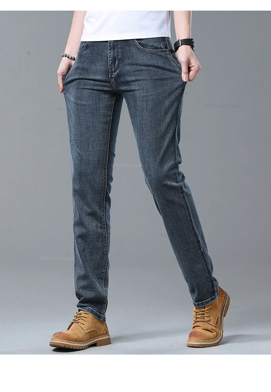 Spring Men's Light Blue Slim Jeans Stylish Casual Stretch Fabric Denim Pants Classic Trousers Smoke Gray - Tasawoq