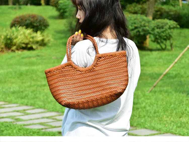 Handbags Women's Genuine Leather Shoulder Bag Weaving Casual Shopping Bag Vintage Big Tote Purse Cowhide Cross Hand Bags Lady - Tasawoq