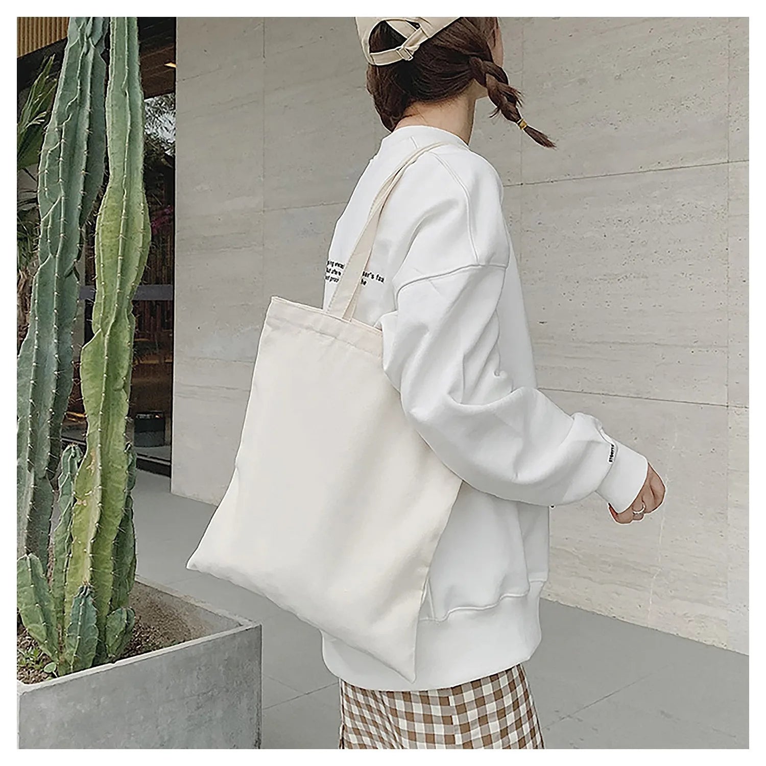 Large Capacity Black White Canvas Shoulder Tote Bag Folding Eco Cotton Handbag Reusable DIY Shoulder Bag Shopping Bag - Tasawoq