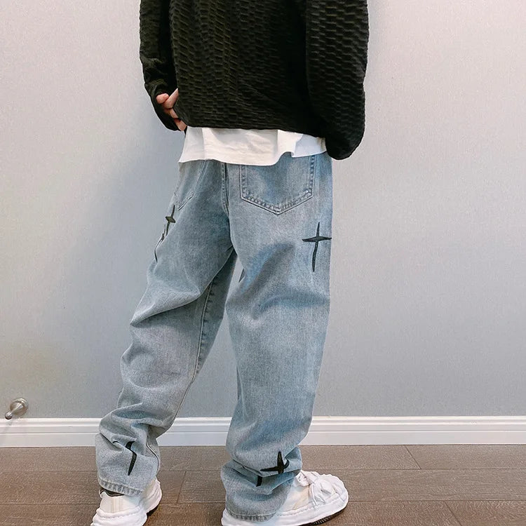 Prints Jeans Men 2023 New Streetwear Baggy Wide Leg Jeans Korean Fashion Drapes Straight Casual Loose Denim Cargo Pants - Tasawoq