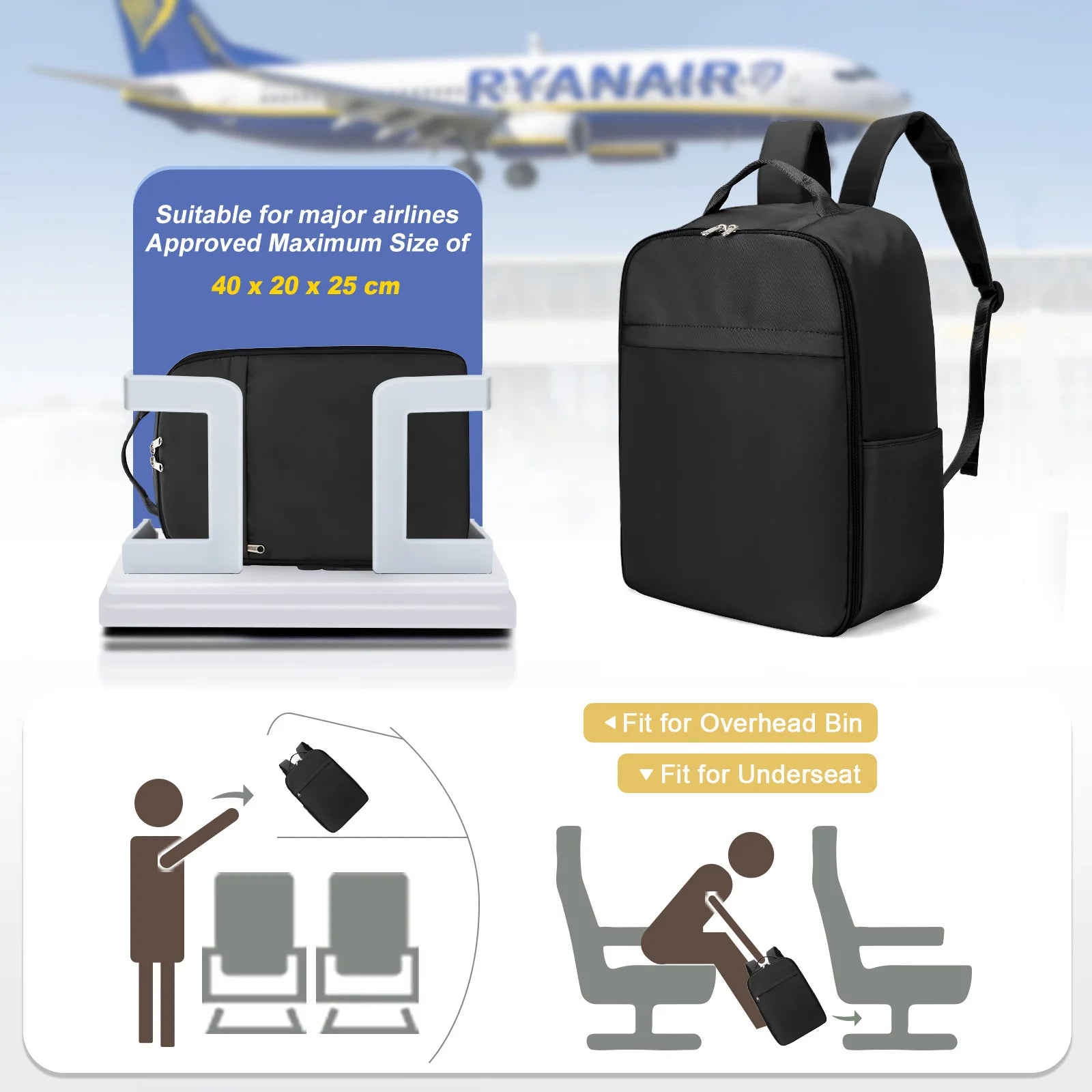 Ryanair Backpack 40x20x25 Cabin Bag, Hand Luggage Travel Backpack for Easyjet Cabin Bag 45x36x20, Laptop Backpack for Women/Men - Tasawoq