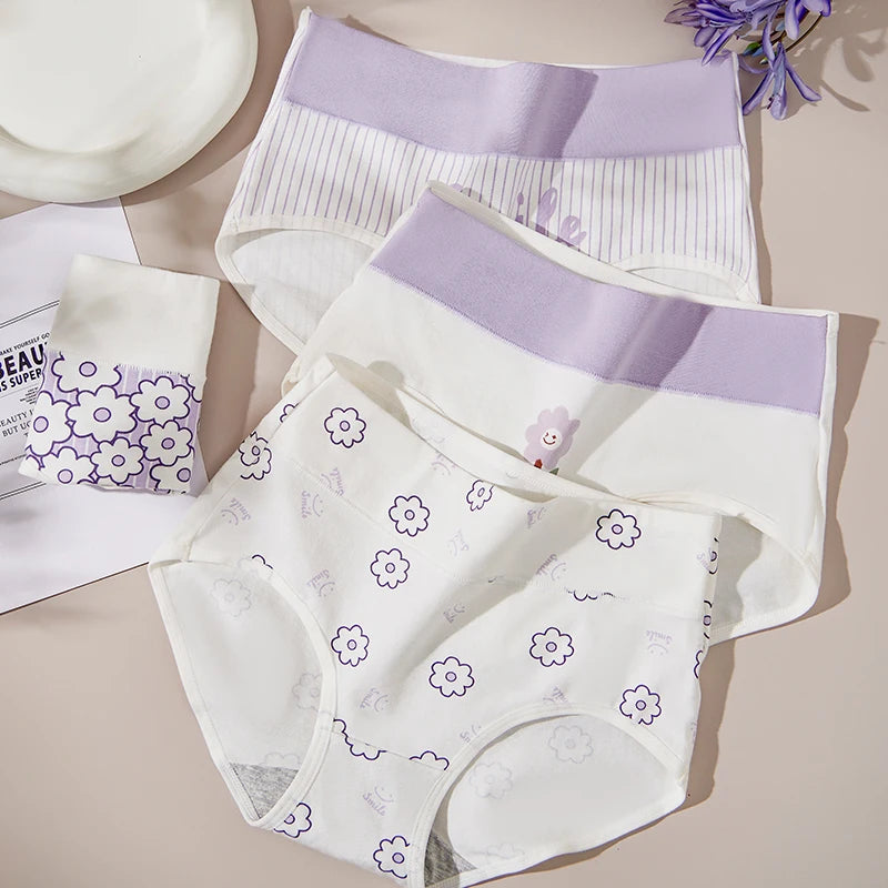 4Pcs/Set Cotton Panties Women High Waist Slimming Underwear Cute Print Young Girls Briefs Plus Size M-4XL Soft Female Lingerie - Tasawoq