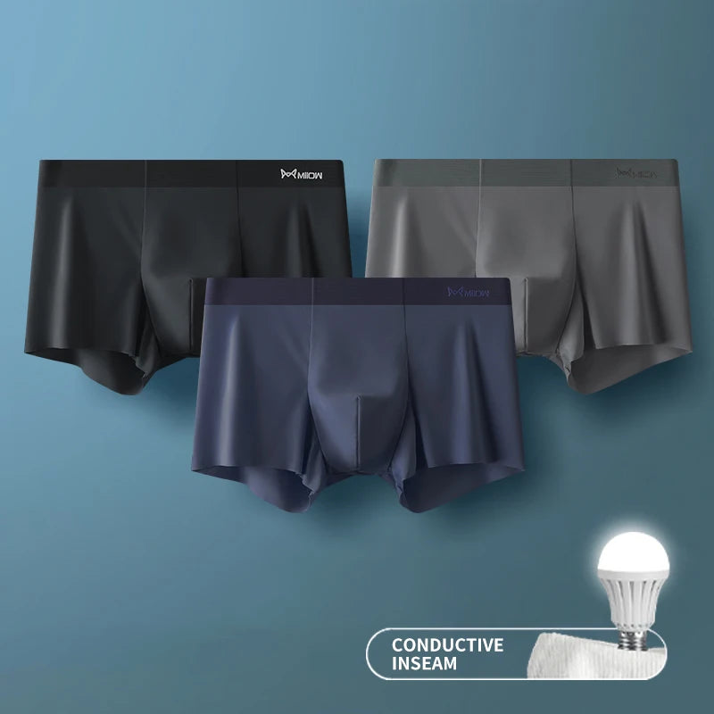 MIIOW 3Pcs Ice Silk Man Underwear Boxer Metal Fiber Antistatic Men Underpants Seamless Cut Hem Men's Panties Boxers Shorts Trunk - Tasawoq