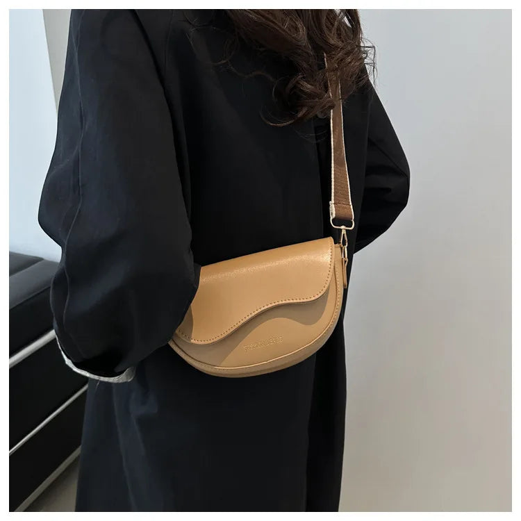 Women Vintage Solid Color Flap Small Saddle Shoulder Underarm Bag Fashion PU Leather Wide Strap Crossbody Bag Shoulder bag zwq - Tasawoq