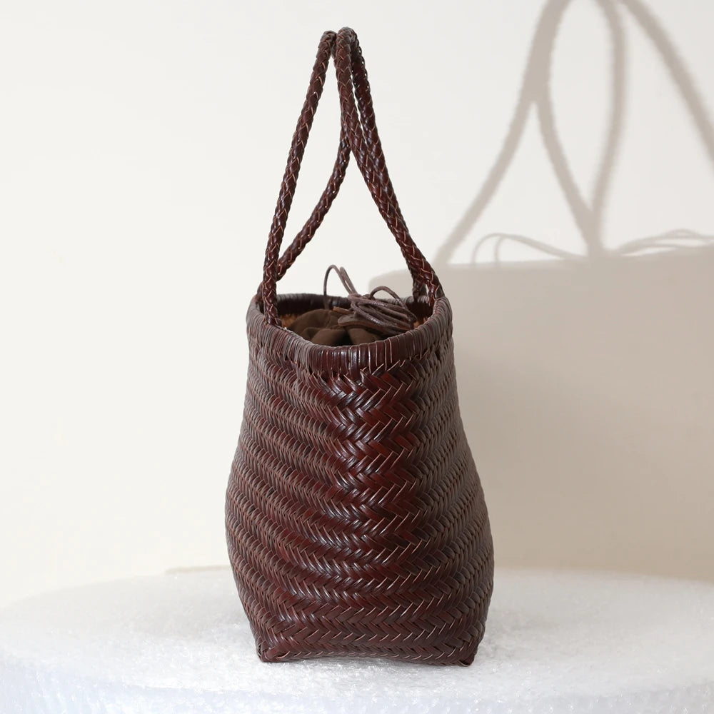 Handbags Women's Genuine Leather Shoulder Bag Weaving Casual Shopping Bag Vintage Big Tote Purse Cowhide Cross Hand Bags Lady - Tasawoq
