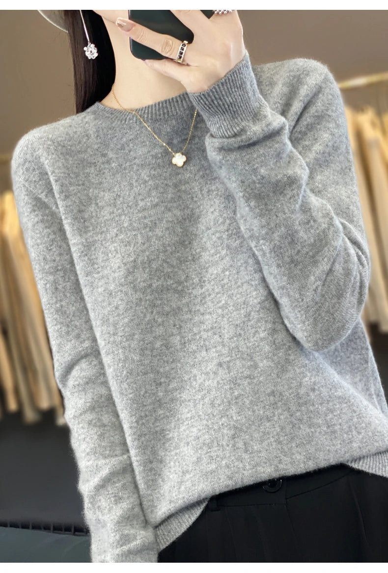 Women's 100% Beautiful Wool Round Neck Top Fashion Versatile Knitted Loose Long Sleeve Pullover Thin Sweater Yuan Ling - Tasawoq