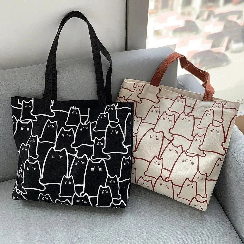 Cute Cat Shopper Handbags Shoulder Fashion Canvas Casual Shopping Girls Women Graphic Tote BagJapanese Cartoon Small Shoulder - Tasawoq