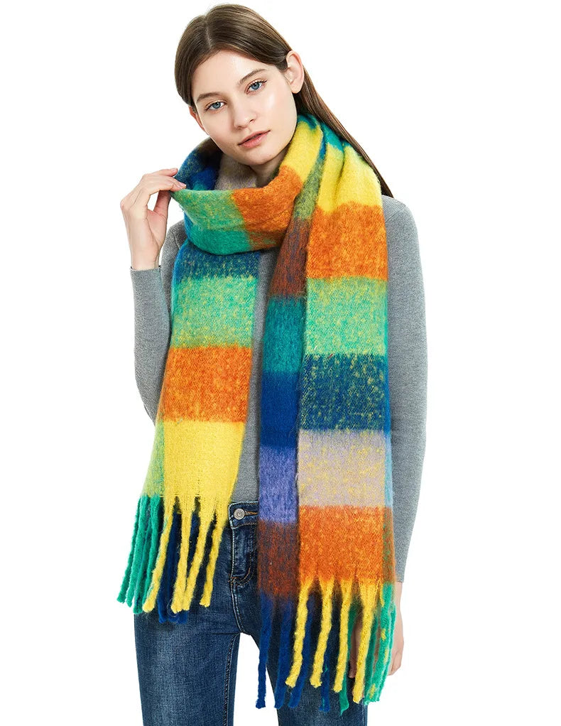 2025 Winter Thick Warm Scarf Women Cashmere Shawl and Wraps Pashmina Neckerchief Bufanda Female Rainbow Hairy Tessel Echarpe New - Tasawoq