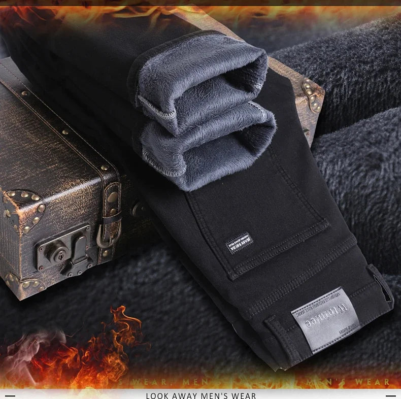 WTHINLEE Winter Men Black Straight Stretch Denim Thick Velvet Pants Warm Jeans Casual Fleece Line Trousers Male Plus Size - Tasawoq