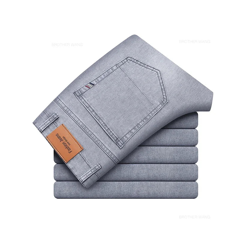 Summer Thin Men's Elastic Cotton Jeans Fashion Gray Comfortable Business Straight Casual Pants Brand Male Clothes Trousers - Tasawoq
