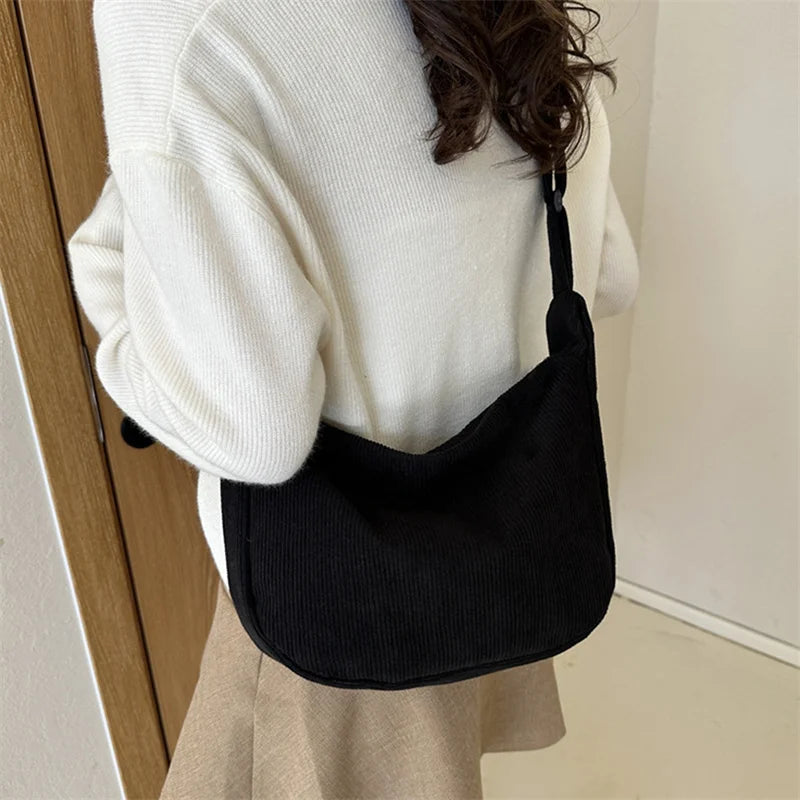 Corduroy Shoulder Bag Minimalist Crossbody Bag Women's Handbags Fashion Fabric Underarm Bag Solid Color Zipper Female Handbag - Tasawoq