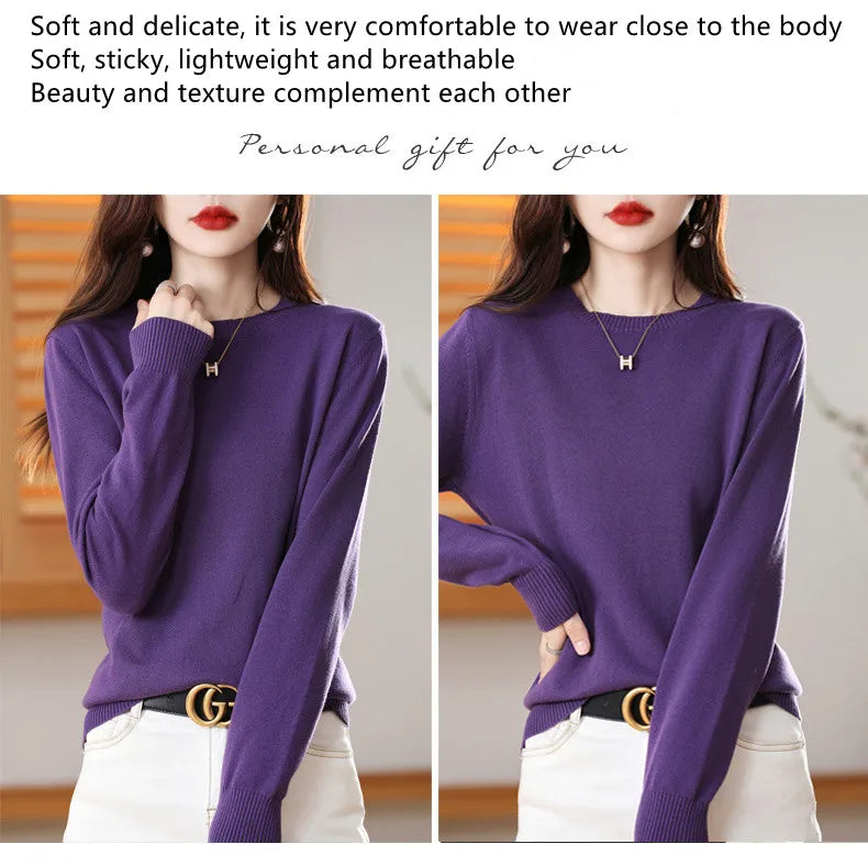 Women's 100% High-quality Cotton Knitted Sweater, Temperament Round Neck Top, Breathable And Versatile Pullover, Long Sleeved - Tasawoq
