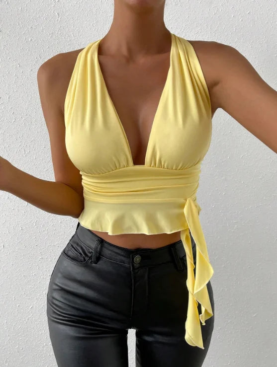 Women's Sexy Tight Fitting Deep V-neck Pleated Top Tight Fitting 2024 Spring Beach Resort Nightclub New Model Women's Sexy Tigh - Tasawoq