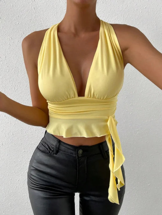 Women's Sexy Tight Fitting Deep V-neck Pleated Top Tight Fitting 2024 Spring Beach Resort Nightclub New Model Women's Sexy Tigh - Tasawoq