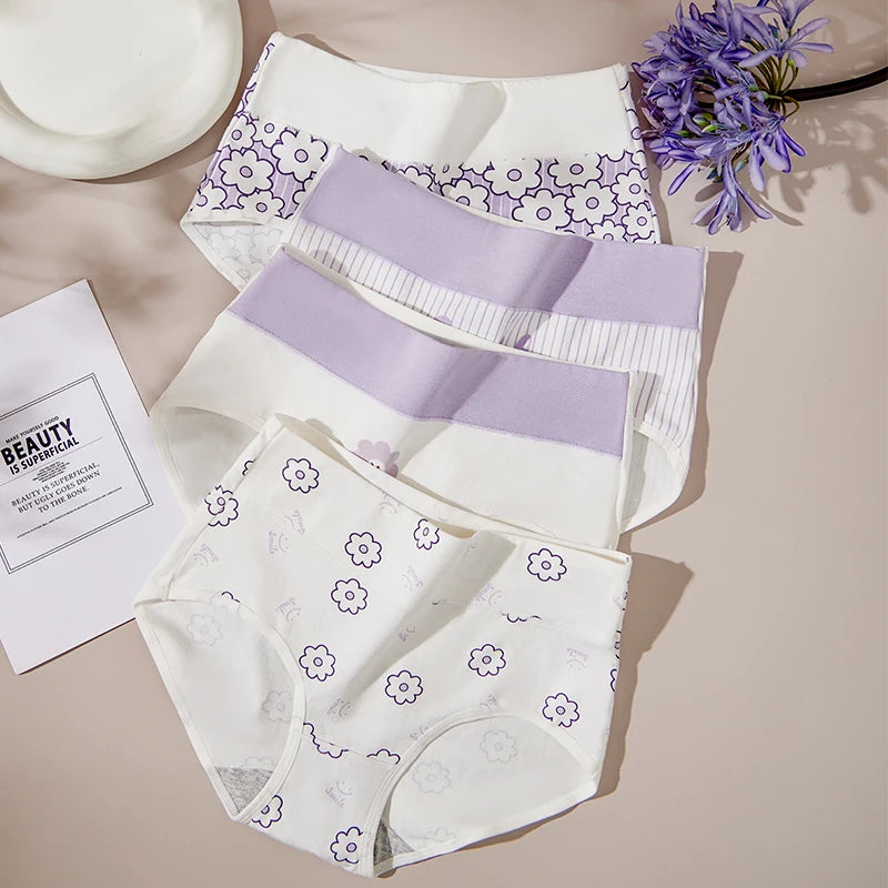 4Pcs/Set Cotton Panties Women High Waist Slimming Underwear Cute Print Young Girls Briefs Plus Size M-4XL Soft Female Lingerie - Tasawoq