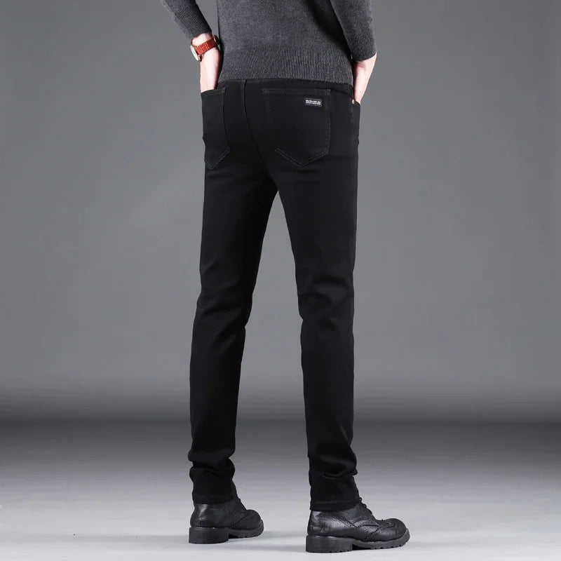 Spring Autumn New Men's Pure Black Slim Jeans Elastic Straight Pants Business Fashion Leisure Korean Vintage Denim Pants Male - Tasawoq