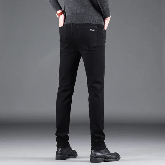 Spring Autumn New Men's Pure Black Slim Jeans Elastic Straight Pants Business Fashion Leisure Korean Vintage Denim Pants Male - Tasawoq