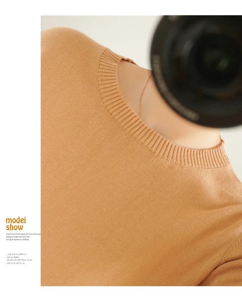 Women's 100% High-quality Cotton Knitted Sweater, Temperament Round Neck Top, Breathable And Versatile Pullover, Long Sleeved - Tasawoq