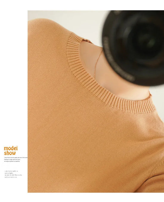 Women's 100% High-quality Cotton Knitted Sweater, Temperament Round Neck Top, Breathable And Versatile Pullover, Long Sleeved - Tasawoq