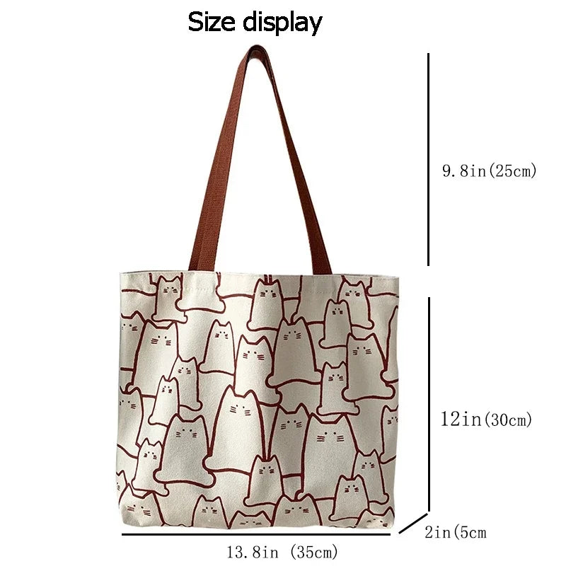 Cute Cat Shopper Handbags Shoulder Fashion Canvas Casual Shopping Girls Women Graphic Tote BagJapanese Cartoon Small Shoulder - Tasawoq