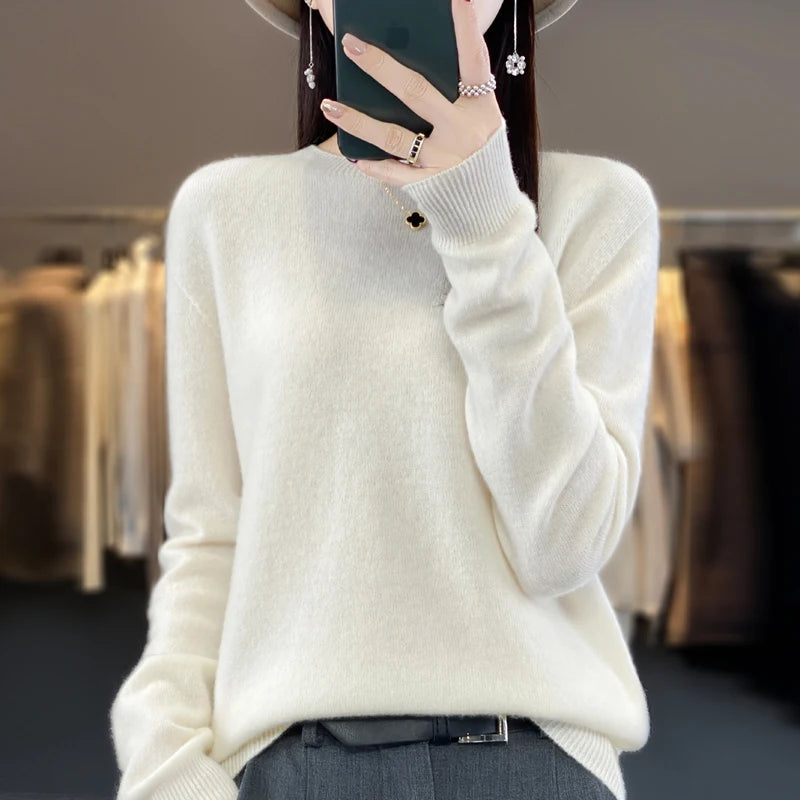Women's 100% Beautiful Wool Round Neck Top Fashion Versatile Knitted Loose Long Sleeve Pullover Thin Sweater Yuan Ling - Tasawoq