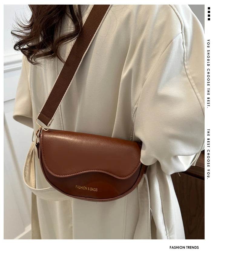 Women Vintage Solid Color Flap Small Saddle Shoulder Underarm Bag Fashion PU Leather Wide Strap Crossbody Bag Shoulder bag zwq - Tasawoq