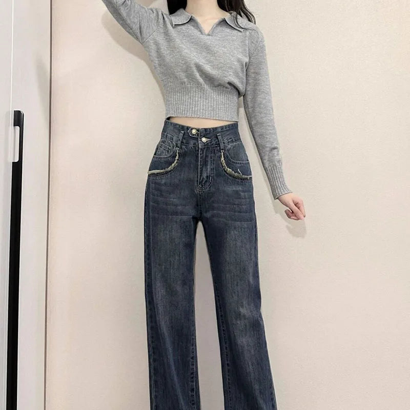 Xpqbb Korean Chic Turndown Collar Sweaters Female Gray Slim Fit Long Sleeve Cropped Sweater for Woman Streetwear Knit Pullovers - Tasawoq
