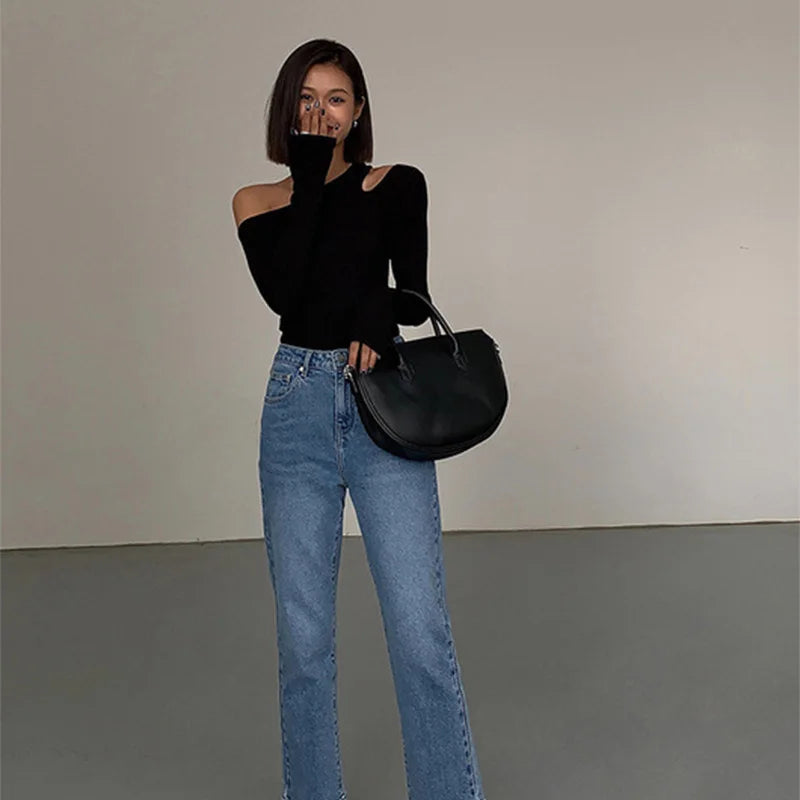 Fashion Skew Collar Off-shoulder Long-sleeved T-shirts Women Spring New Solid Slim Fit Crop Top Sexy Hollow Out Tees Shirts - Tasawoq
