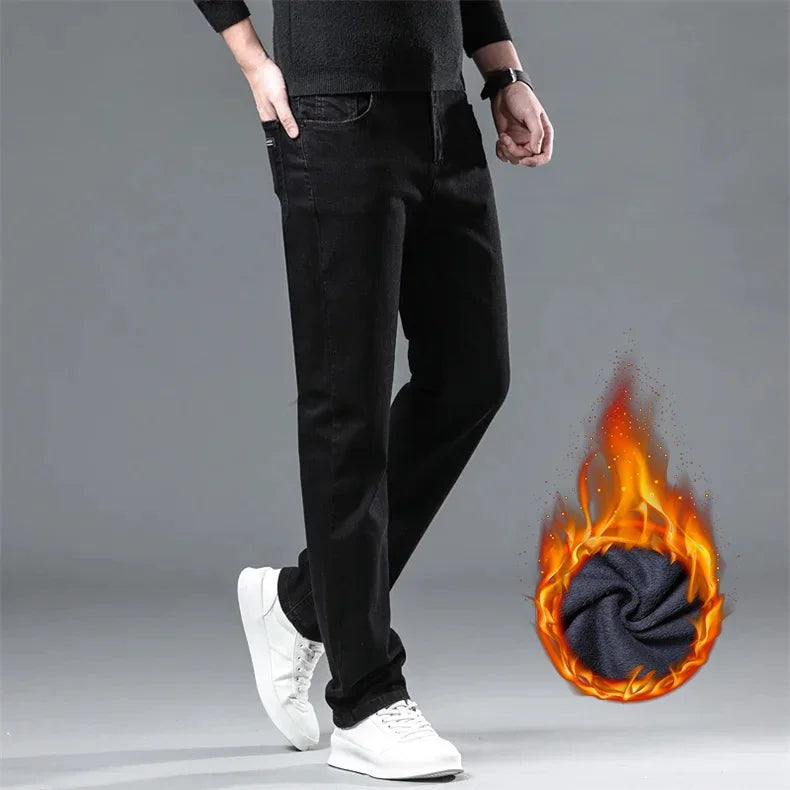 WTHINLEE Winter Men Black Straight Stretch Denim Thick Velvet Pants Warm Jeans Casual Fleece Line Trousers Male Plus Size - Tasawoq