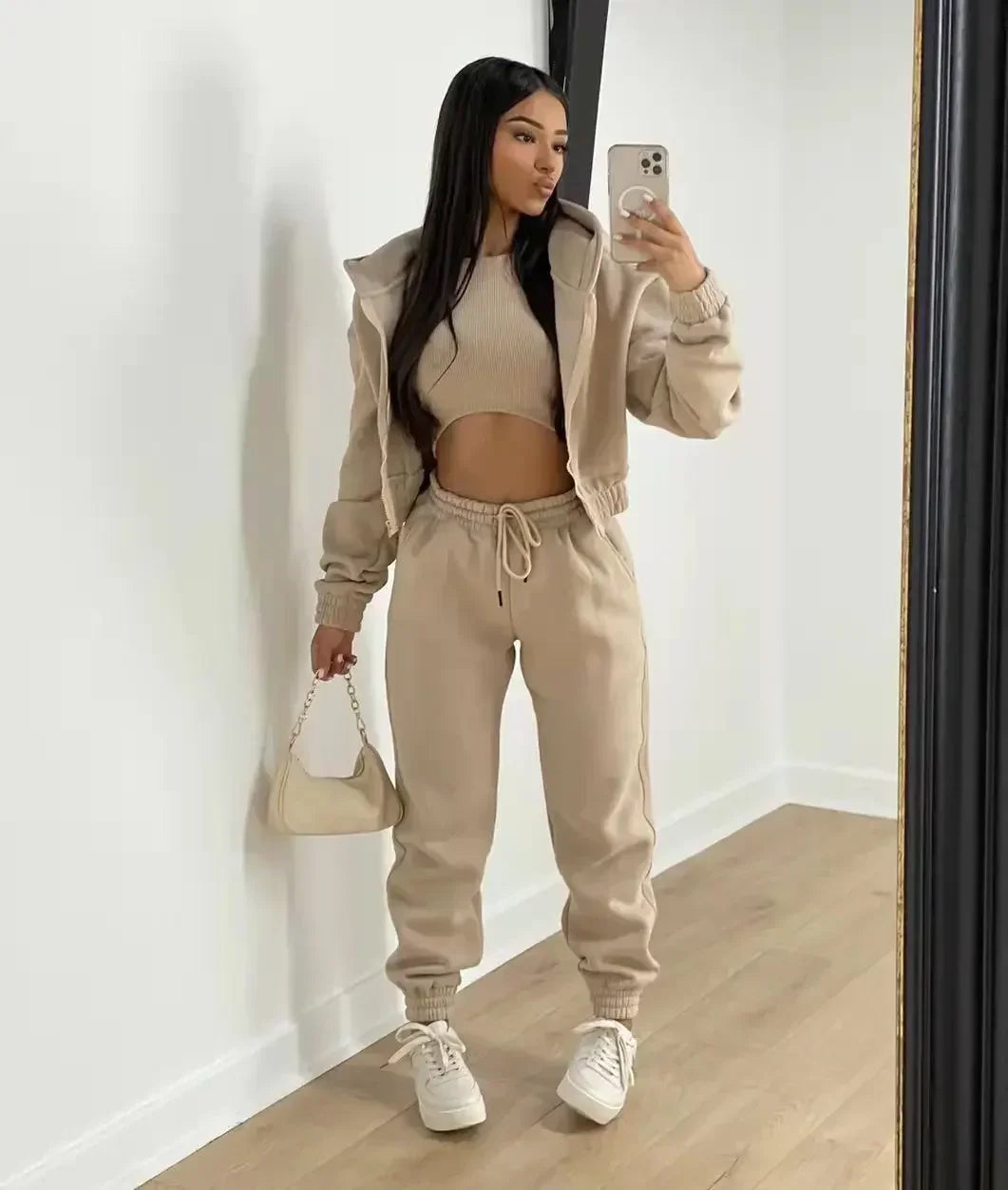 3pcs Women's Clothing Set Fleece-lined Hooded Sweater &Sleeveless Tank Top & Sports Sweatpants Pants - Tasawoq